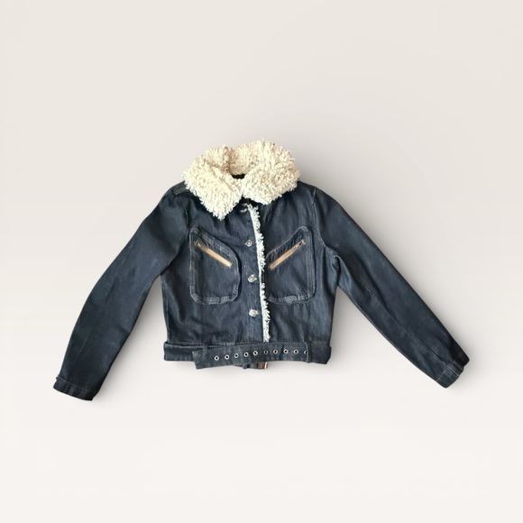 Steve Madden Dark Denim Jacket Plush Lapel Zip Sleeves Size M Timeless Mob Wife - Picture 14 of 14